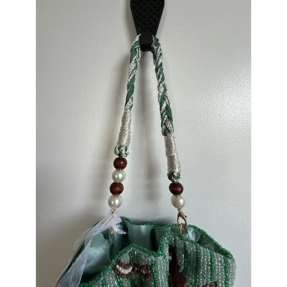 Handcrafted  India Beaded Western Drawstring Pouch Bag Cactus Cowboy Boot Green - Picture 2 of 10